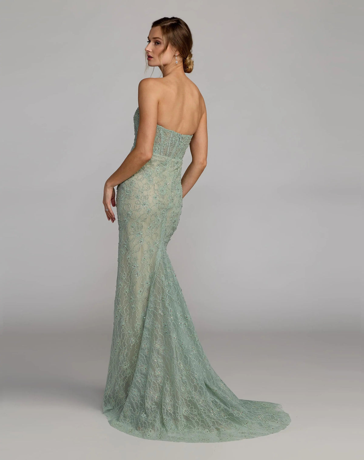 Mac Duggal Green Embellished Strapless Bustier Gown With Sweeping Train