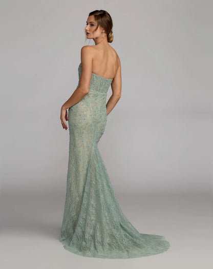 Mac Duggal Green Embellished Strapless Bustier Gown With Sweeping Train