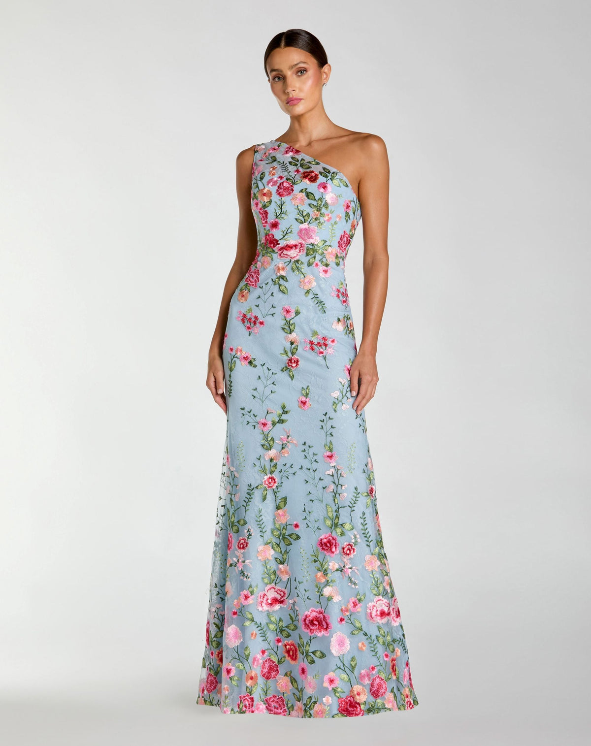 Mac Duggal Petite Blue One Shoulder Floral Embroidered Gown