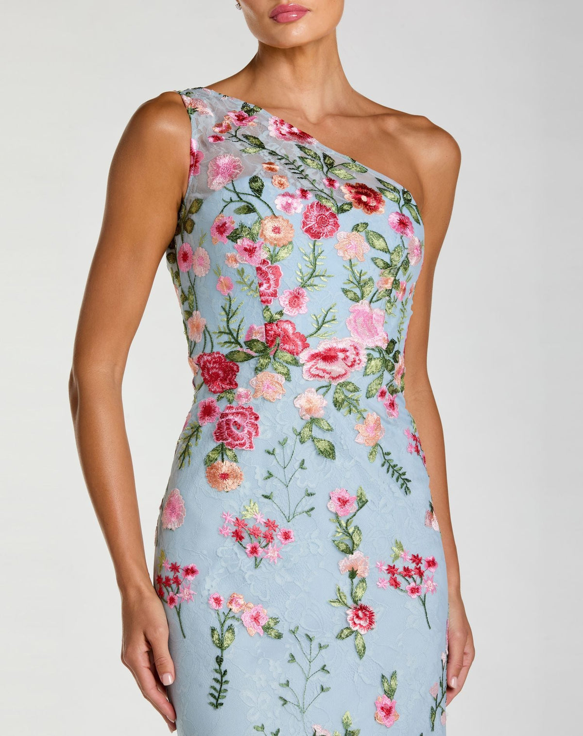 Mac Duggal Petite Blue One Shoulder Floral Embroidered Gown