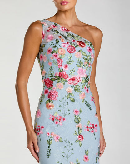 Mac Duggal Petite Blue One Shoulder Floral Embroidered Gown