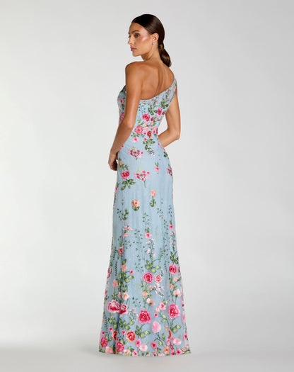 Mac Duggal Petite Blue One Shoulder Floral Embroidered Gown