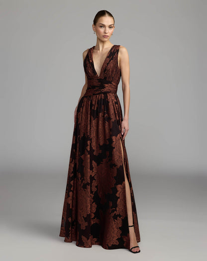 Mac Duggal Brown Floral Sleeveless Plunge Neck Gown