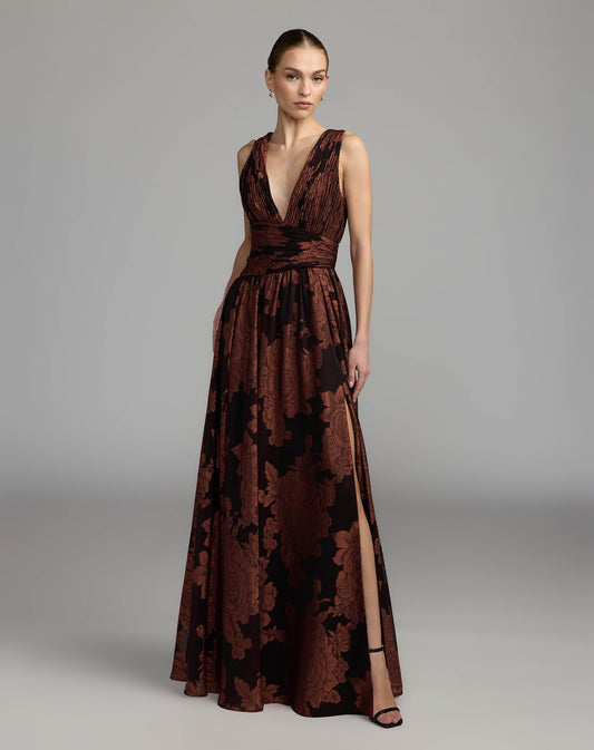 Mac Duggal Brown Floral Sleeveless Plunge Neck Gown