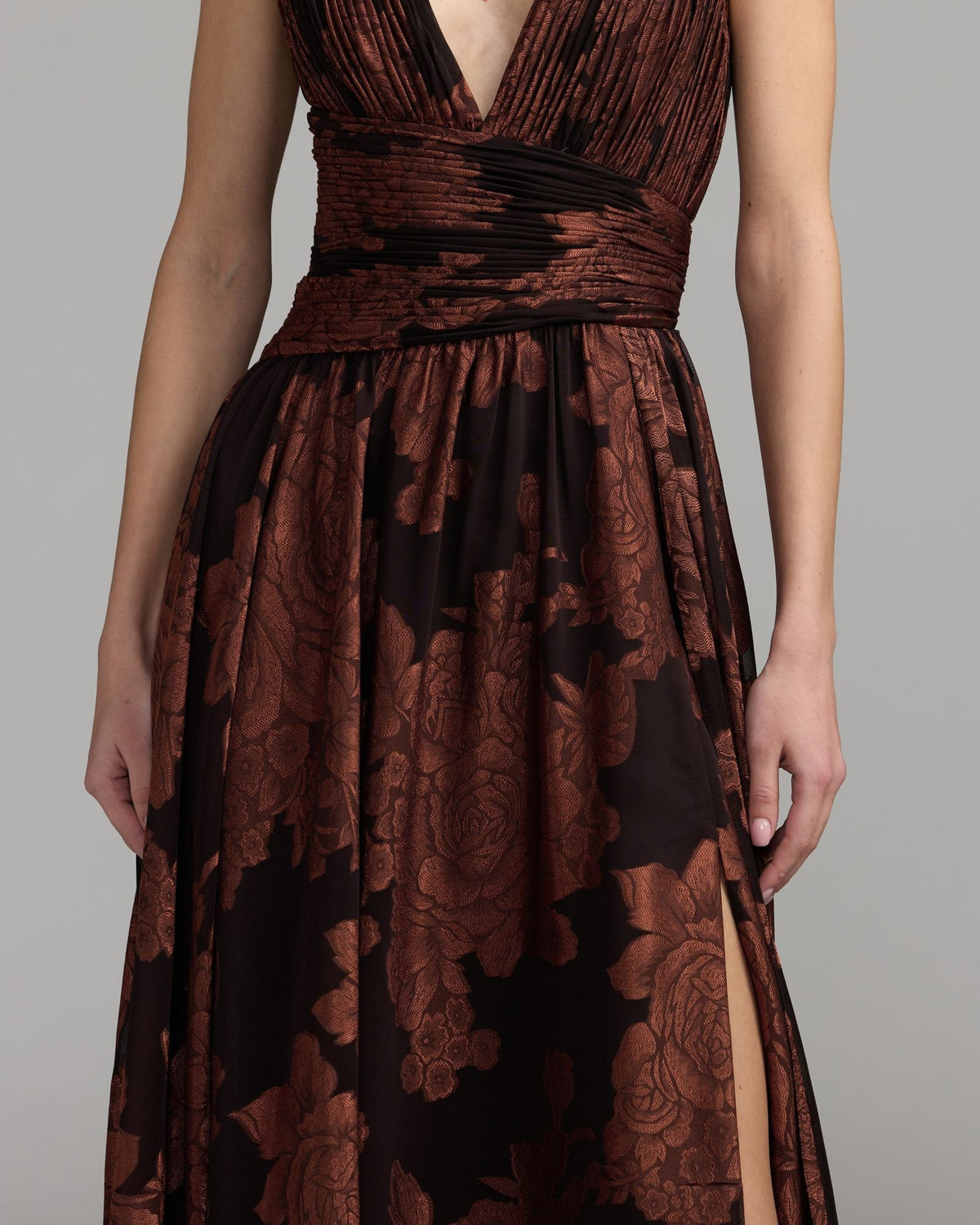 Mac Duggal Brown Floral Sleeveless Plunge Neck Gown