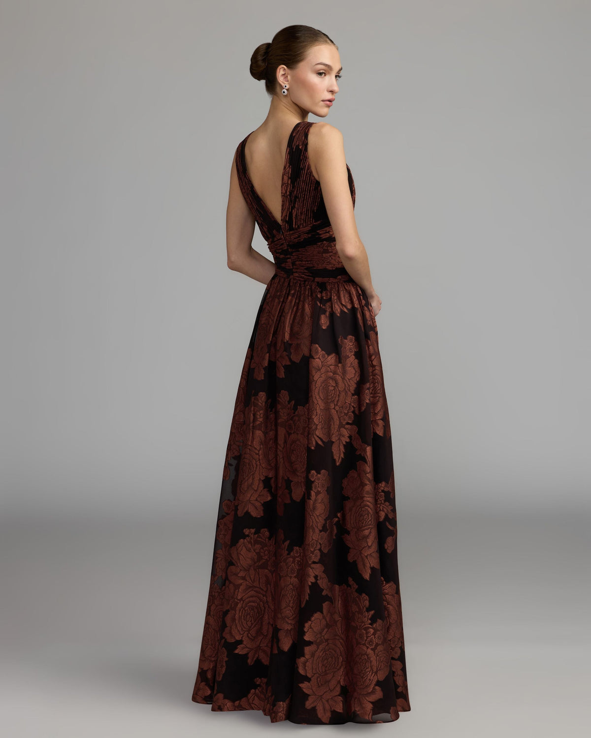 Mac Duggal Brown Floral Sleeveless Plunge Neck Gown