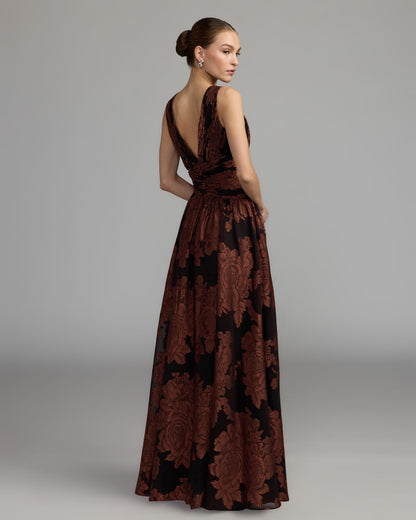 Mac Duggal Brown Floral Sleeveless Plunge Neck Gown