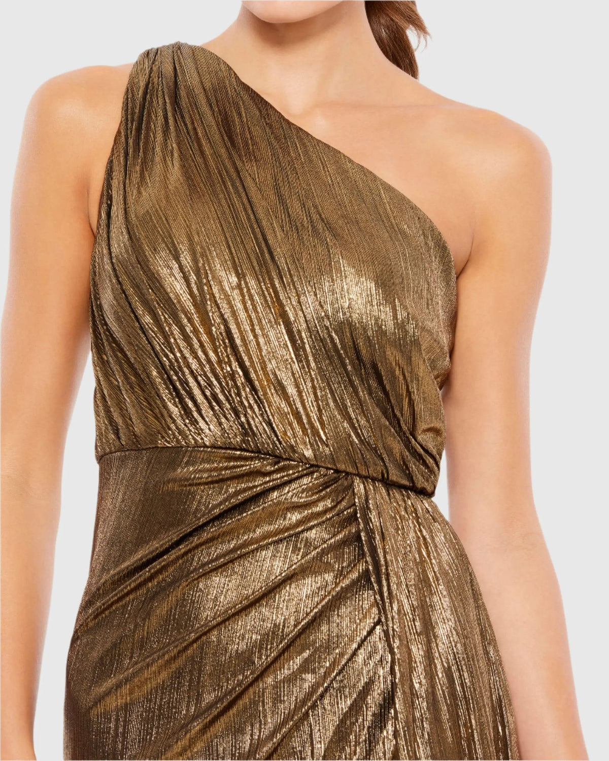 Mac Duggal Gold One Shoulder Draped Gown
