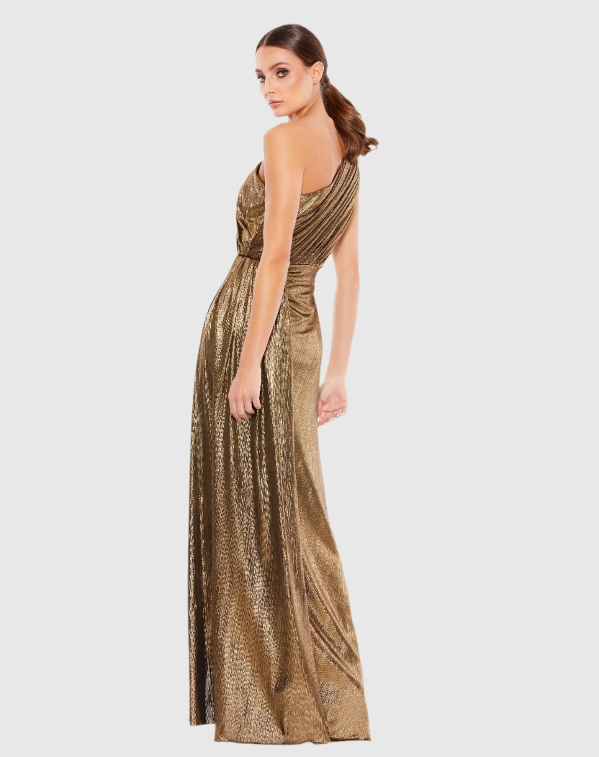 Mac Duggal Gold One Shoulder Draped Gown