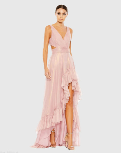 Mac Duggal Pink Cut Out High Low Ruffle Gown