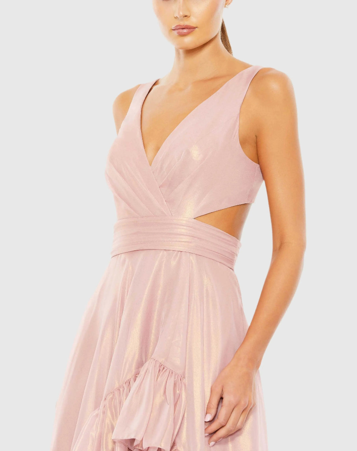Mac Duggal Pink Cut Out High Low Ruffle Gown