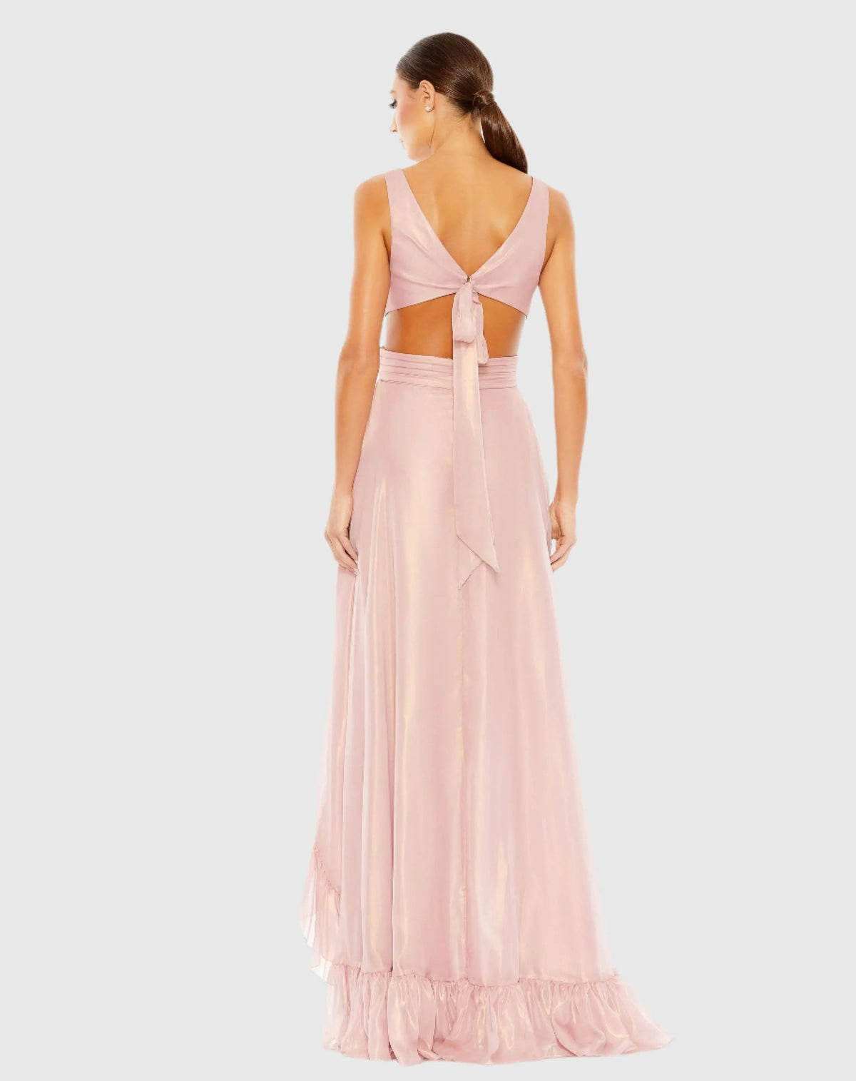 Mac Duggal Pink Cut Out High Low Ruffle Gown