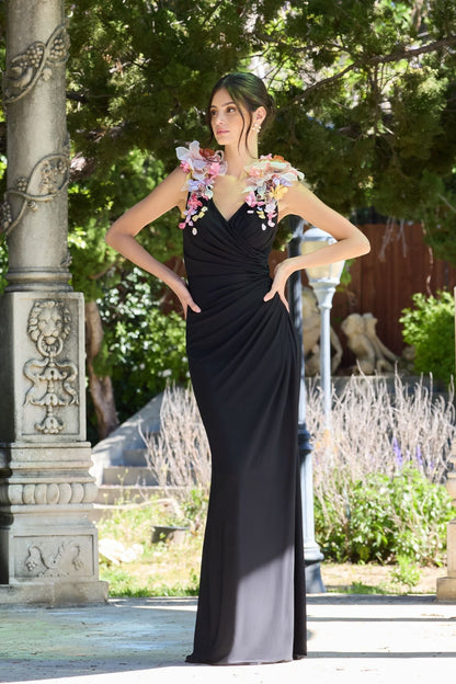 Mac Duggal Black Jersey V-Neck Gown With 3D Flowers