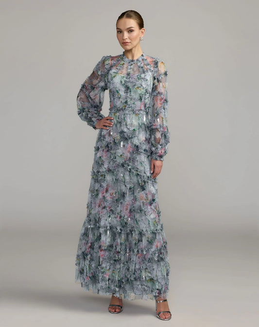 Mac Duggal Blue Floral Long Sleeve High Neck Ruffle Maxi Dress