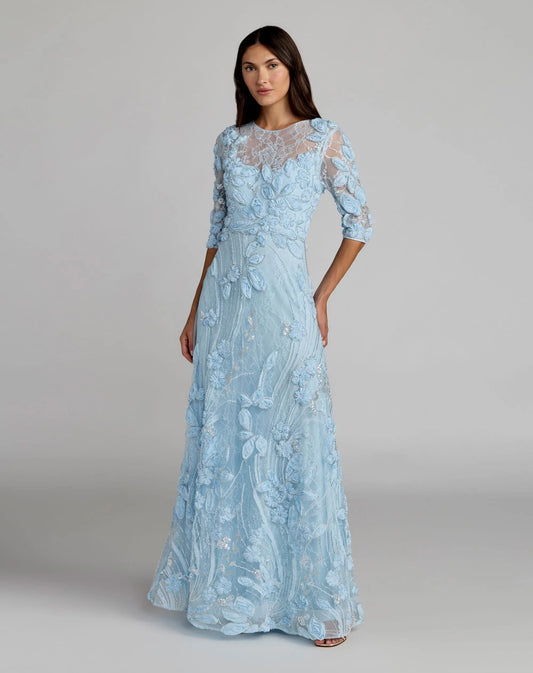 Mac Duggal Blue High Neck Embellished Lace Gown with 3/4 Sleeves