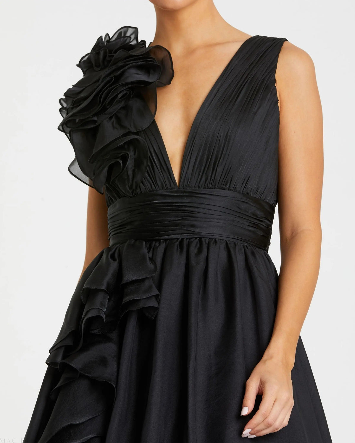 Mac Duggal Black Ruffle Shoulder V-Neck Chiffon Gown