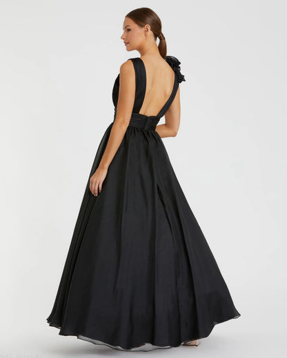 Mac Duggal Black Ruffle Shoulder V-Neck Chiffon Gown