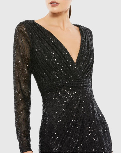 Mac Duggal Black Sequined Long Sleeve Gown