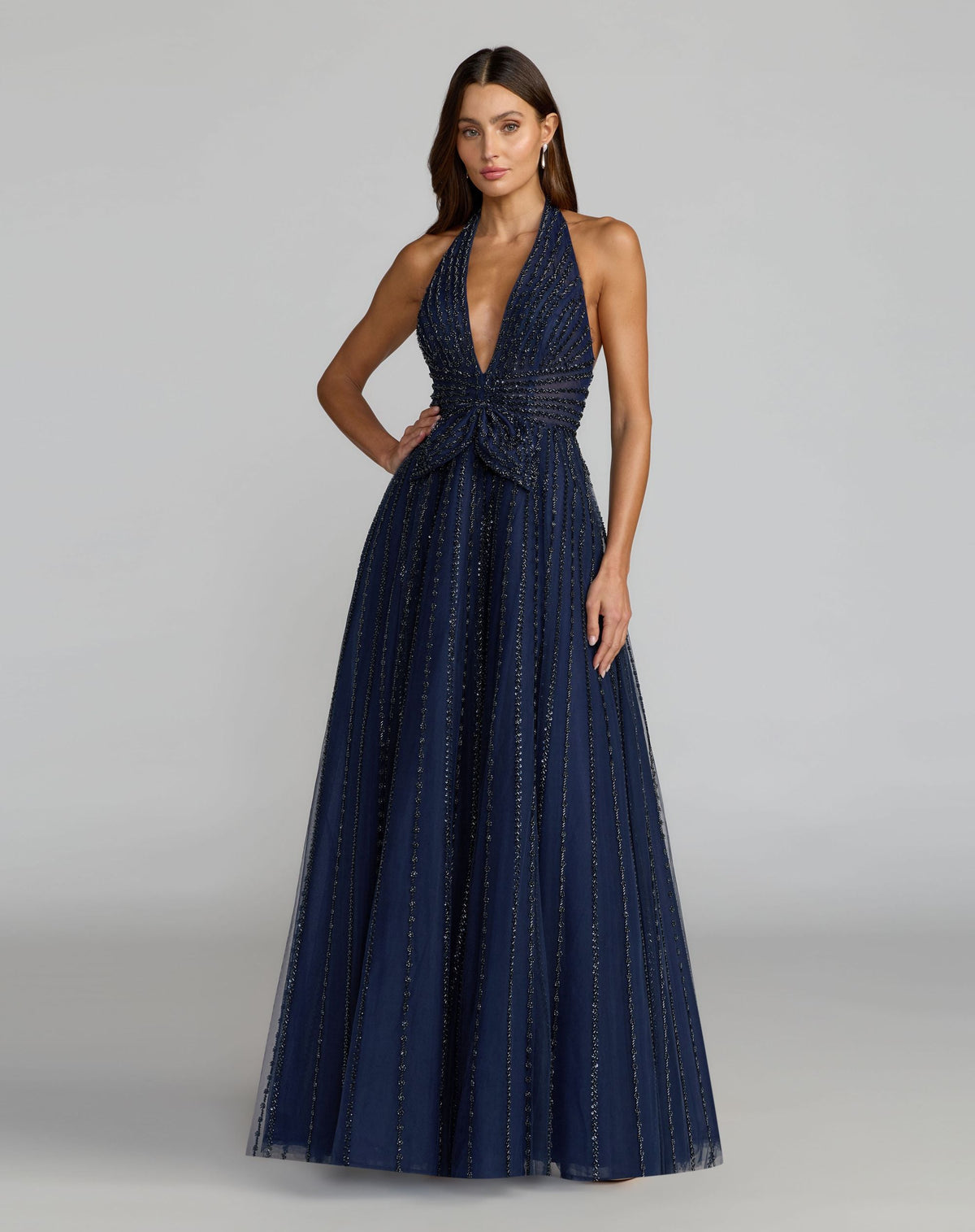 Mac Duggal Navy Beaded Halter Neck Open Back A-Line Gown