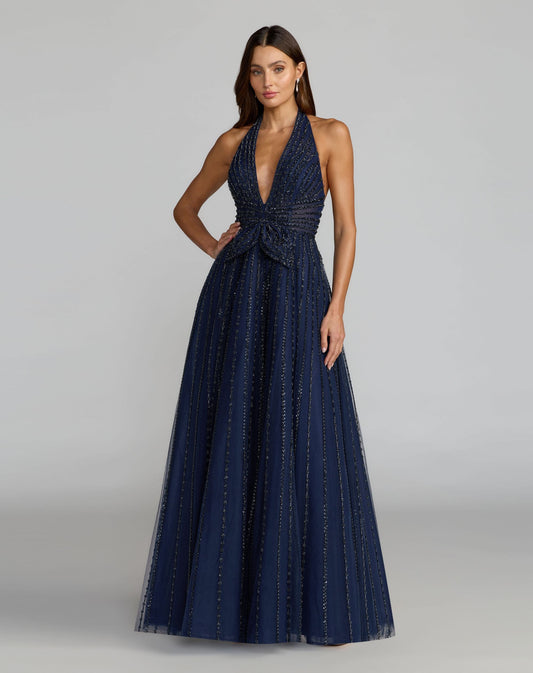 Mac Duggal Navy Beaded Halter Neck Open Back A-Line Gown