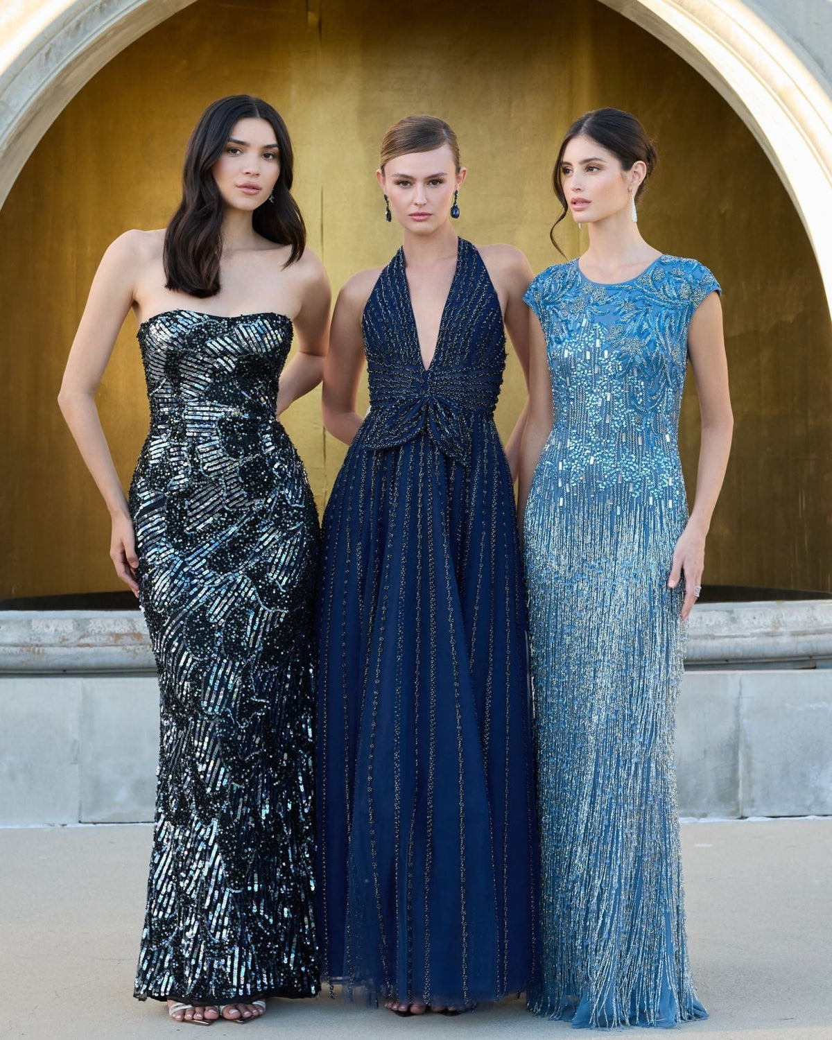 Mac Duggal Navy Beaded Halter Neck Open Back A-Line Gown
