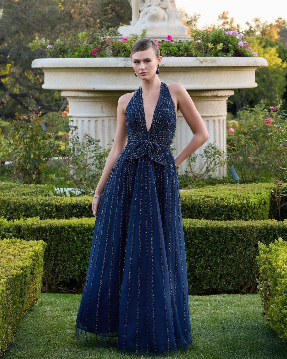 Mac Duggal Navy Beaded Halter Neck Open Back A-Line Gown
