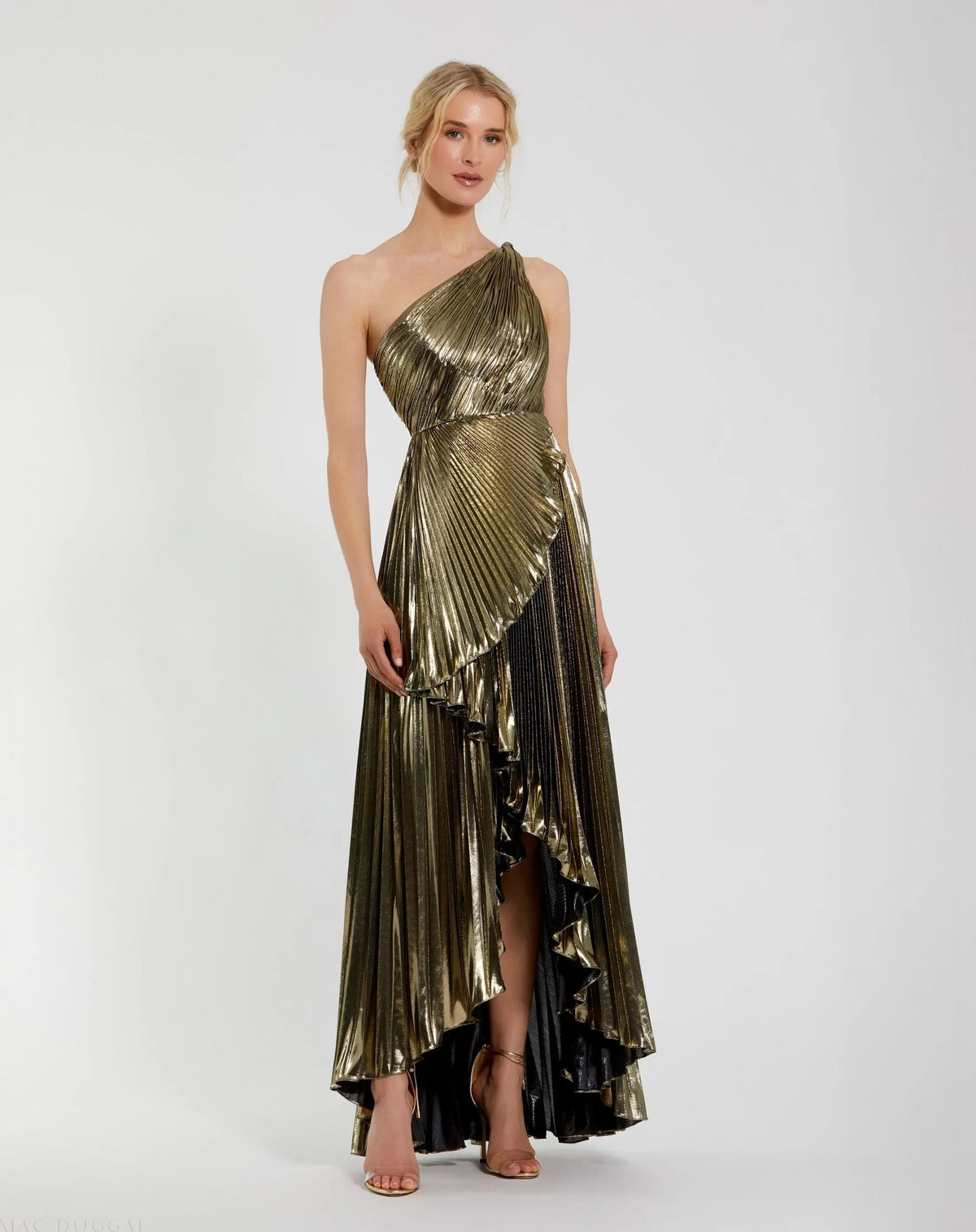 Mac Duggal Gold Metallic Pleated One Shoulder Gown