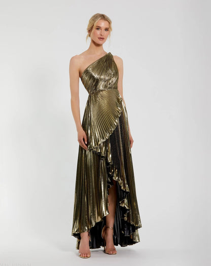 Mac Duggal Gold Metallic Pleated One Shoulder Gown