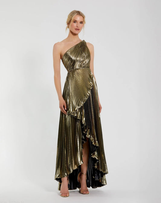 Mac Duggal Gold Metallic Pleated One Shoulder Gown
