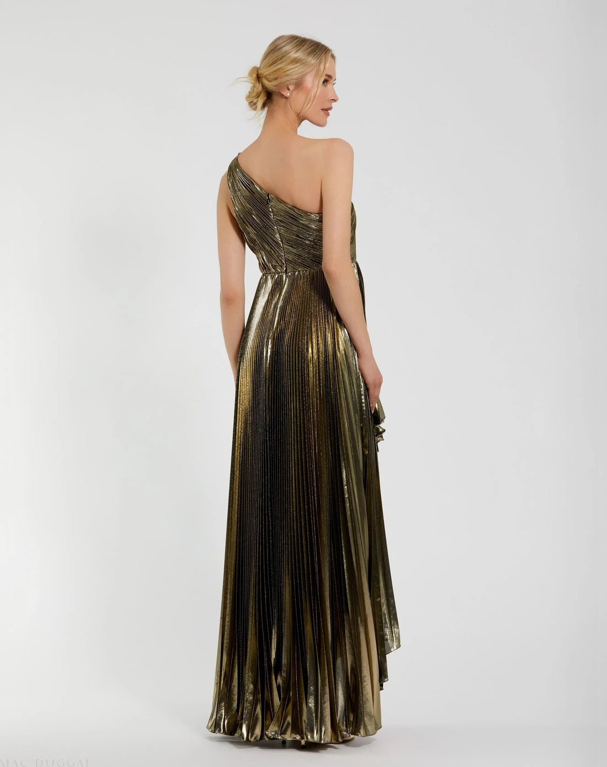 Mac Duggal Gold Metallic Pleated One Shoulder Gown