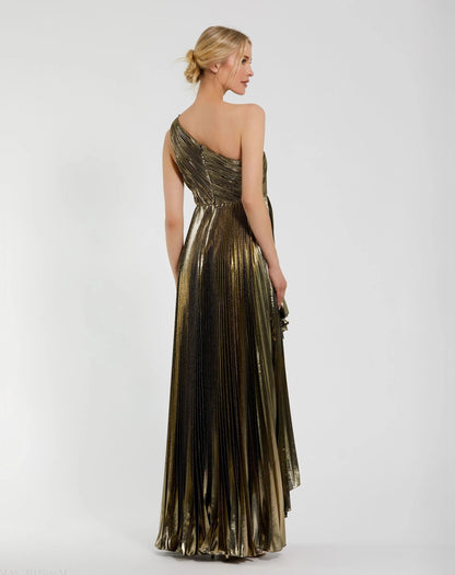 Mac Duggal Gold Metallic Pleated One Shoulder Gown