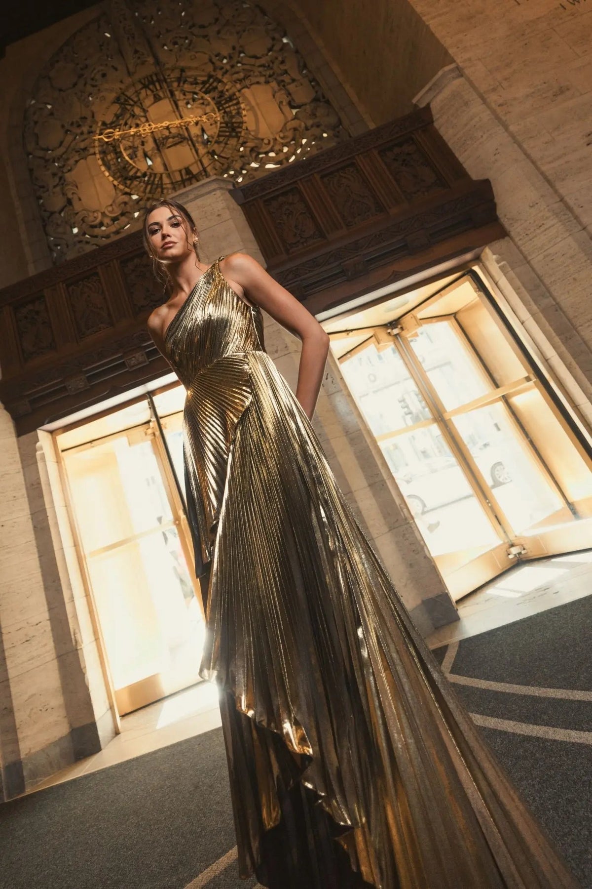 Mac Duggal Gold Metallic Pleated One Shoulder Gown