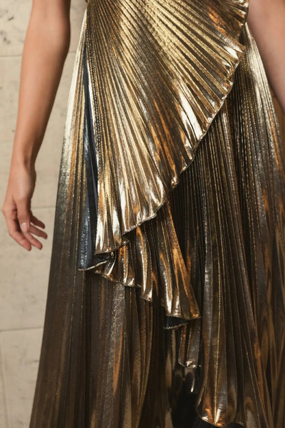 Mac Duggal Gold Metallic Pleated One Shoulder Gown