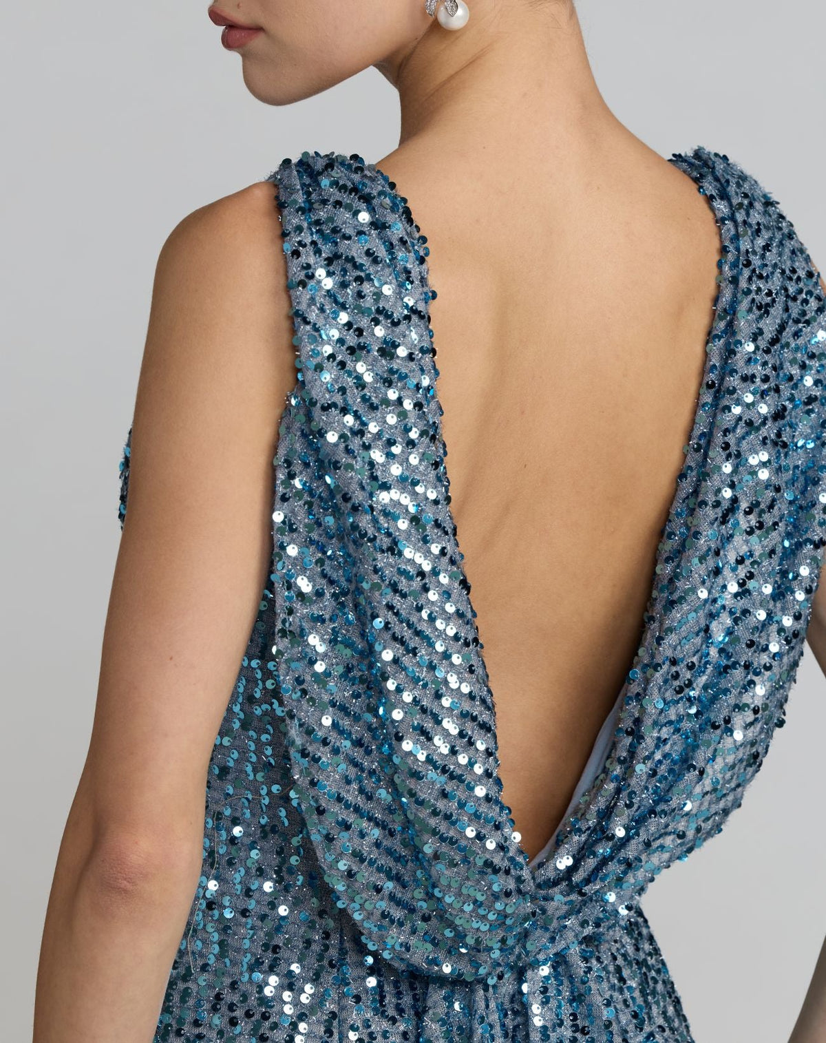 Mac Duggal Blue Sleeveless Cowl Back Sequin Evening Gown