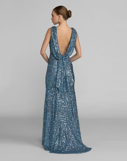 Mac Duggal Blue Sleeveless Cowl Back Sequin Evening Gown