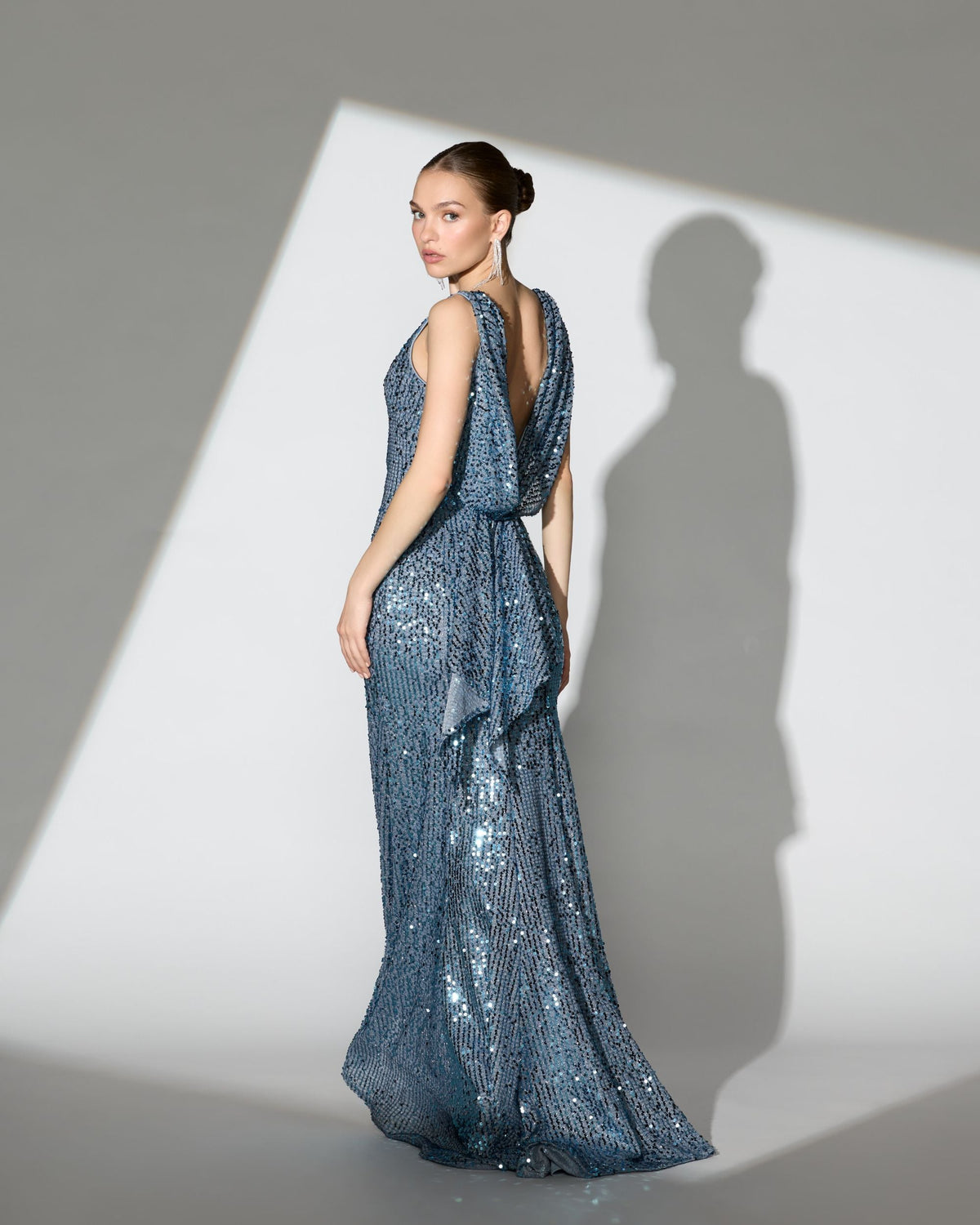 Mac Duggal Blue Sleeveless Cowl Back Sequin Evening Gown