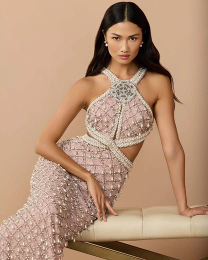 Mac Duggal Pink Pearl Embellished Open Back Gown