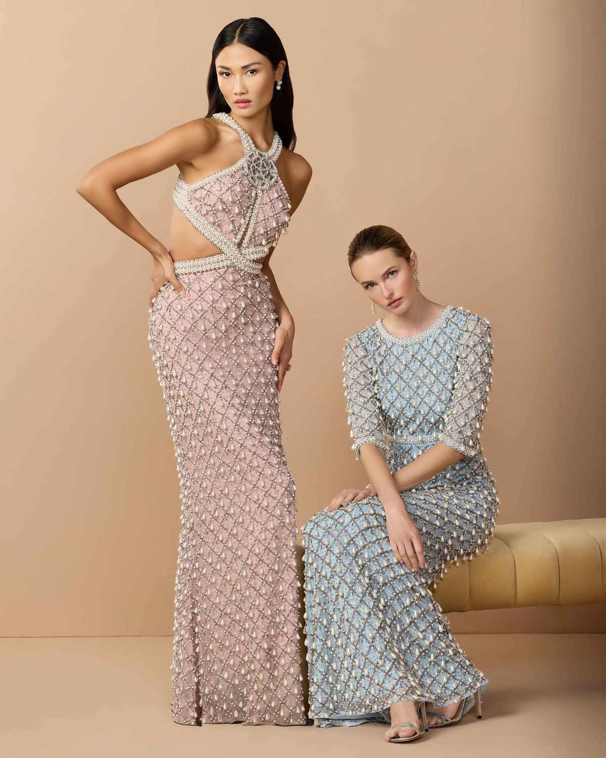 Mac Duggal Pink Pearl Embellished Open Back Gown