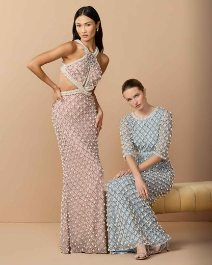 Mac Duggal Pink Pearl Embellished Open Back Gown