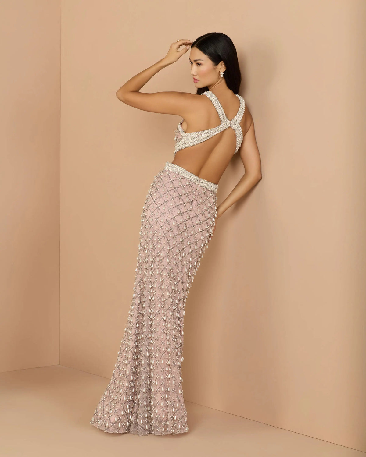 Mac Duggal Pink Pearl Embellished Open Back Gown