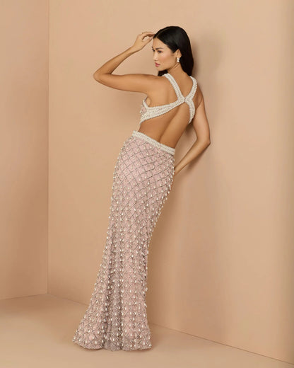 Mac Duggal Pink Pearl Embellished Open Back Gown