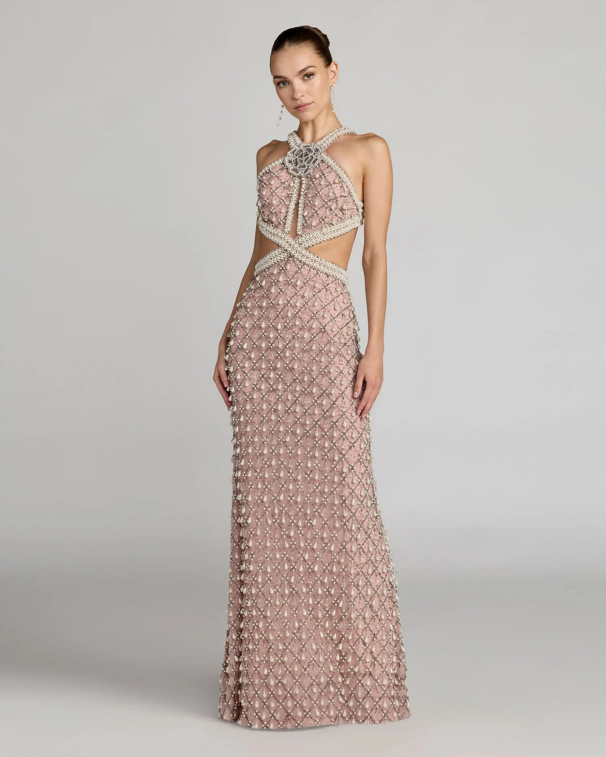 Mac Duggal Pink Pearl Embellished Open Back Gown