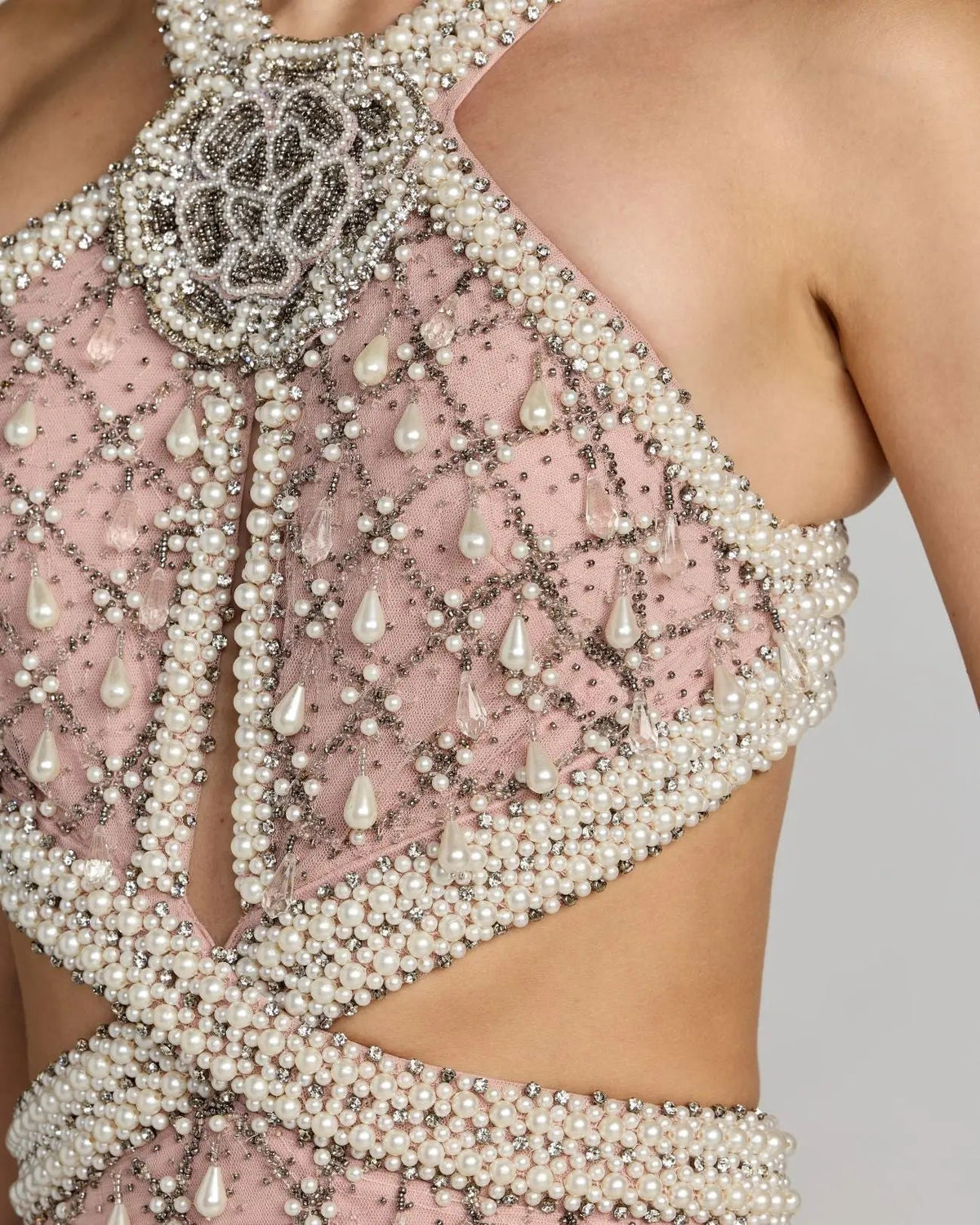 Mac Duggal Pink Pearl Embellished Open Back Gown