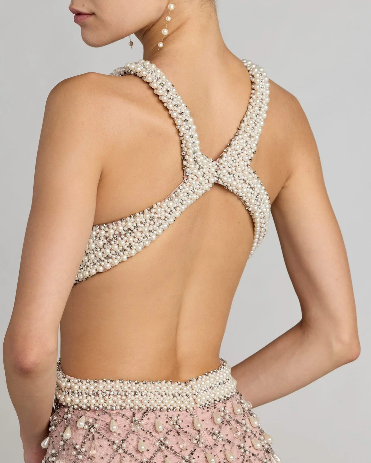 Mac Duggal Pink Pearl Embellished Open Back Gown