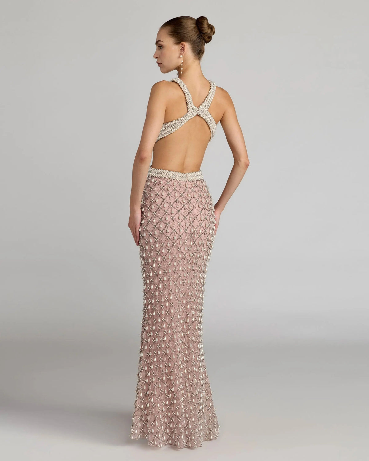 Mac Duggal Pink Pearl Embellished Open Back Gown