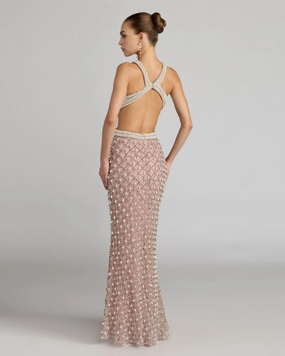 Mac Duggal Pink Pearl Embellished Open Back Gown