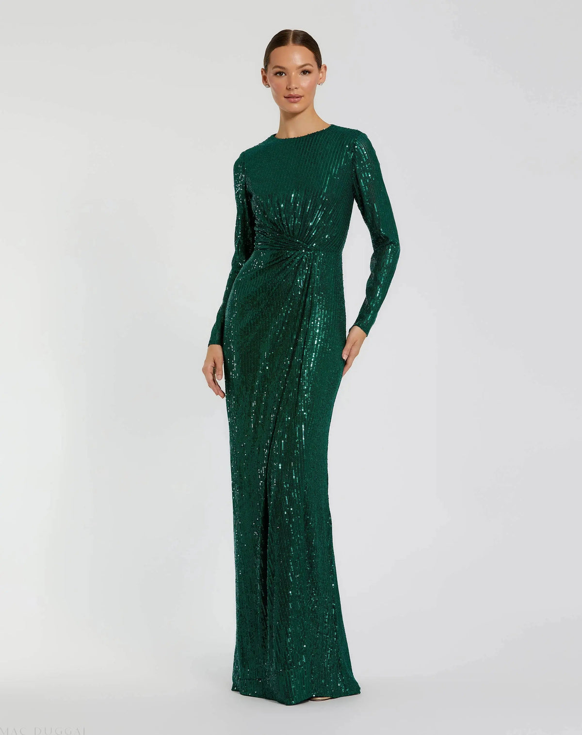 Mac Duggal Green Sequined Long Sleeve Side Knot Gown