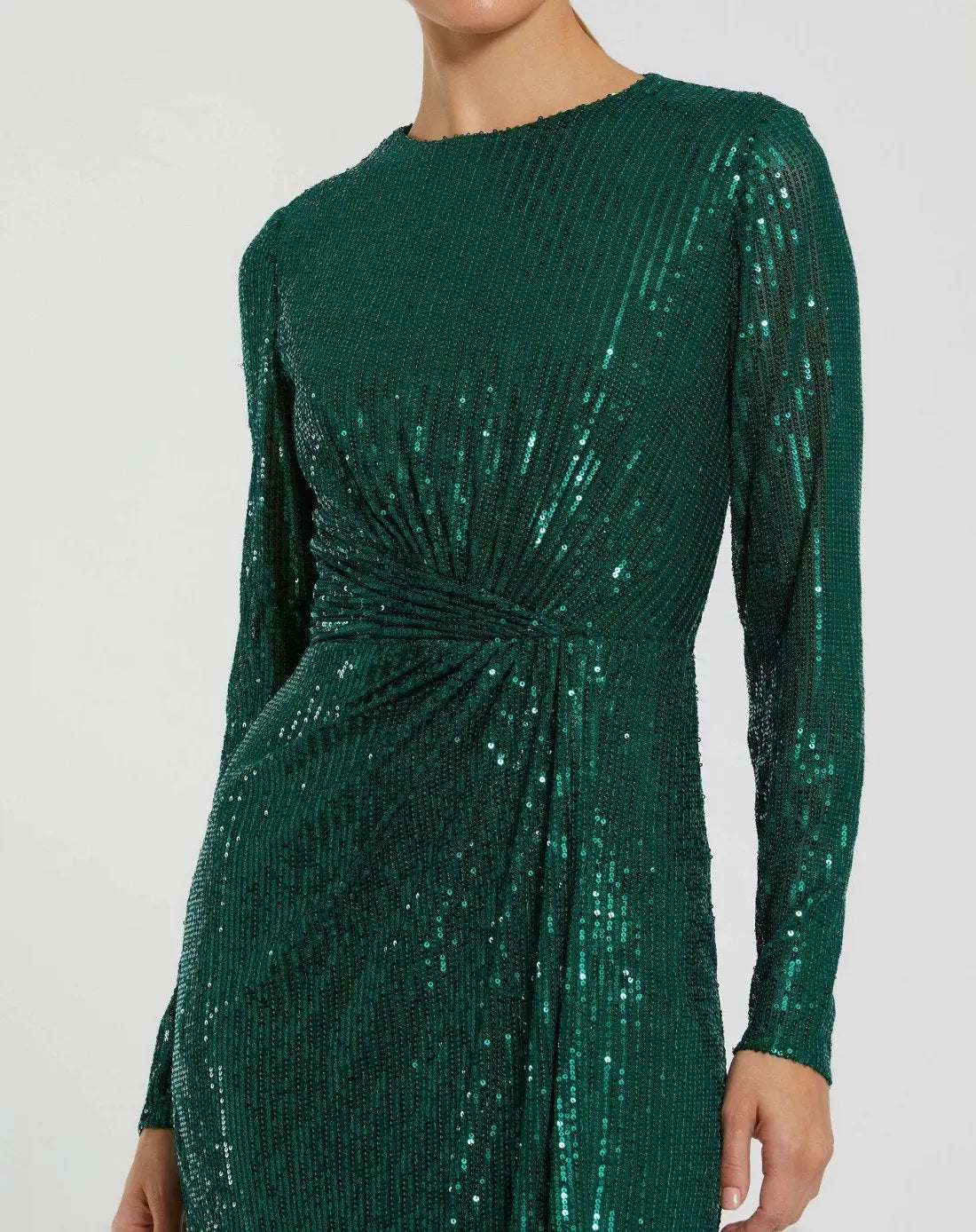 Mac Duggal Green Sequined Long Sleeve Side Knot Gown