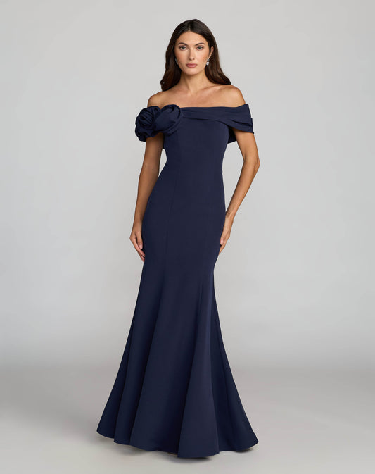 Mac Duggal Navy Off The Shoulder Crepe Mermaid Gown