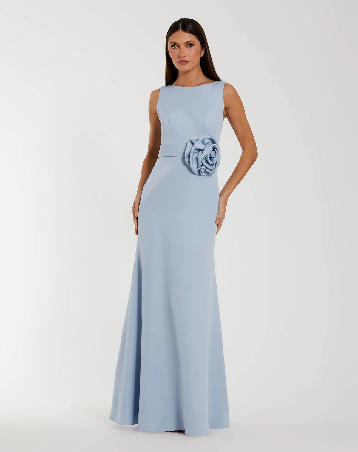 Mac Duggal Blue Boat Neck Crepe Trumpet Gown With Flower